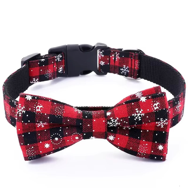Festive Plaid & Snowflake Dog Collar with Removable Bow Tie — Adjustable for Cats & Small to Large Dogs