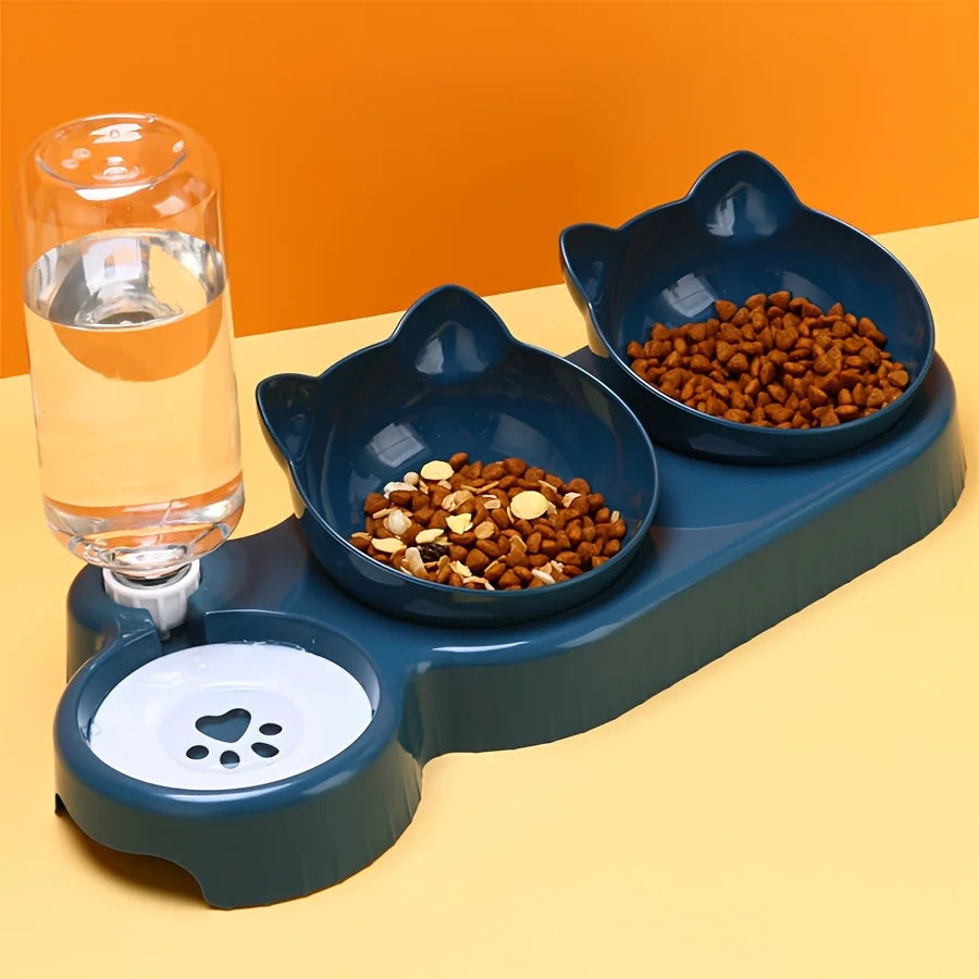 3-in-1 Tilted Pet Bowl Set with Gravity Water Feeder – For Comfortable, Neck-Safe Eating