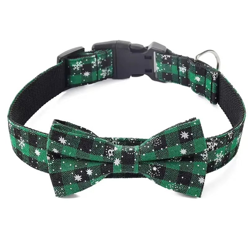Festive Plaid & Snowflake Dog Collar with Removable Bow Tie — Adjustable for Cats & Small to Large Dogs