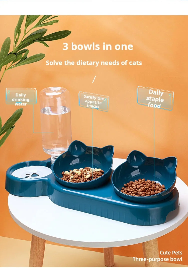 3-in-1 Tilted Pet Bowl Set with Gravity Water Feeder – For Comfortable, Neck-Safe Eating
