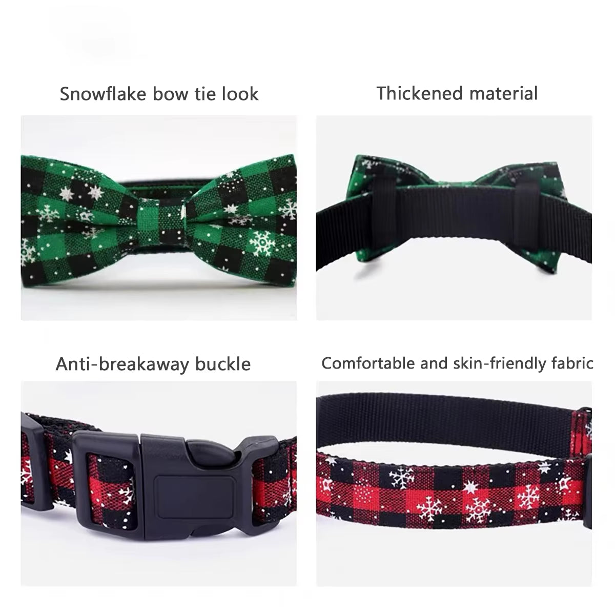 Festive Plaid & Snowflake Dog Collar with Removable Bow Tie — Adjustable for Cats & Small to Large Dogs