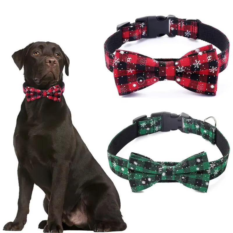 Festive Plaid & Snowflake Dog Collar with Removable Bow Tie — Adjustable for Cats & Small to Large Dogs