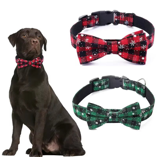 Festive Plaid & Snowflake Dog Collar with Removable Bow Tie — Adjustable for Cats & Small to Large Dogs